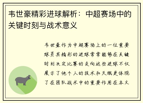韦世豪精彩进球解析：中超赛场中的关键时刻与战术意义